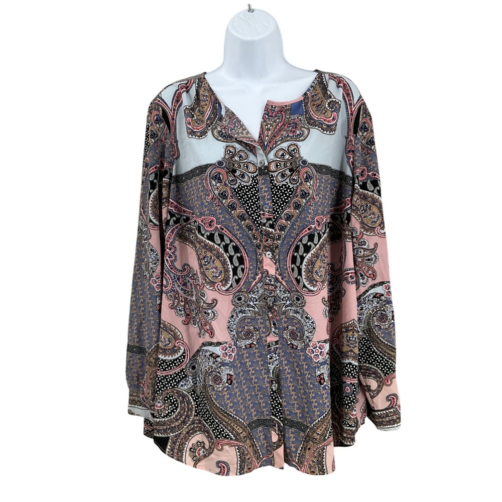 Talbots Blouse Women 2X Pink Blue Paisley Button Up Classic Chic Office Boho‎